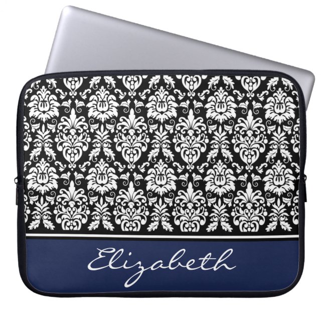 Individuelle Name Navy Schwarz-weiß Damask Laptopschutzhülle (Vorderseite)