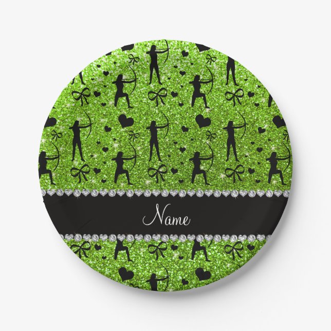 Individuelle Name Neon Green Glitzer Bogenschießen Pappteller (Vorderseite)