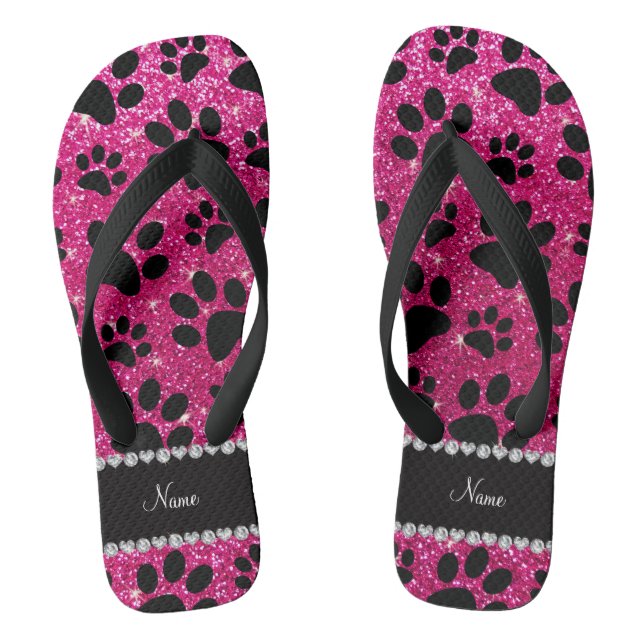 Individuelle Name Neon Hot Rosa Glitzer Schwarzer  Flip Flops (Fußbett)