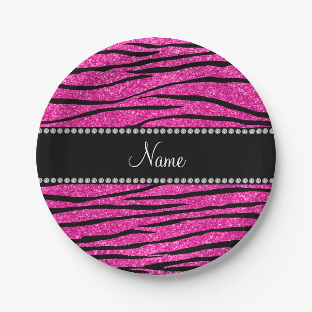 Individuelle Name Neon Hot Rosa Glitzer Zebra Stre Pappteller (Vorderseite)