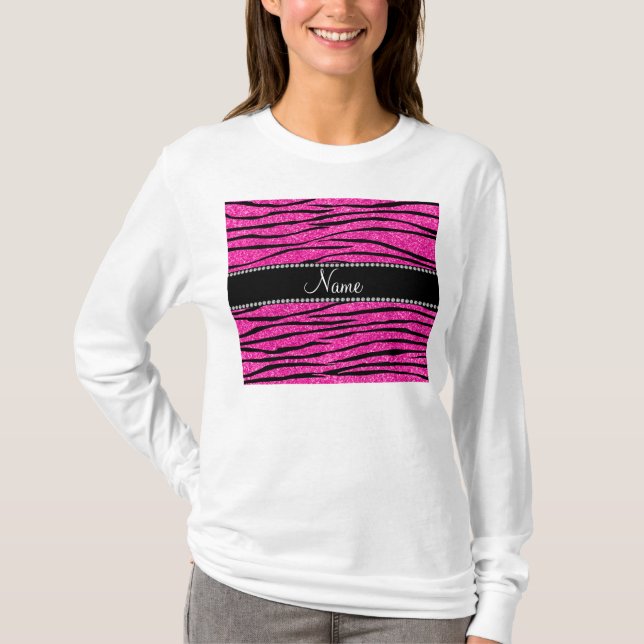 Individuelle Name Neon Hot Rosa Glitzer Zebra Stre T-Shirt (Vorderseite)