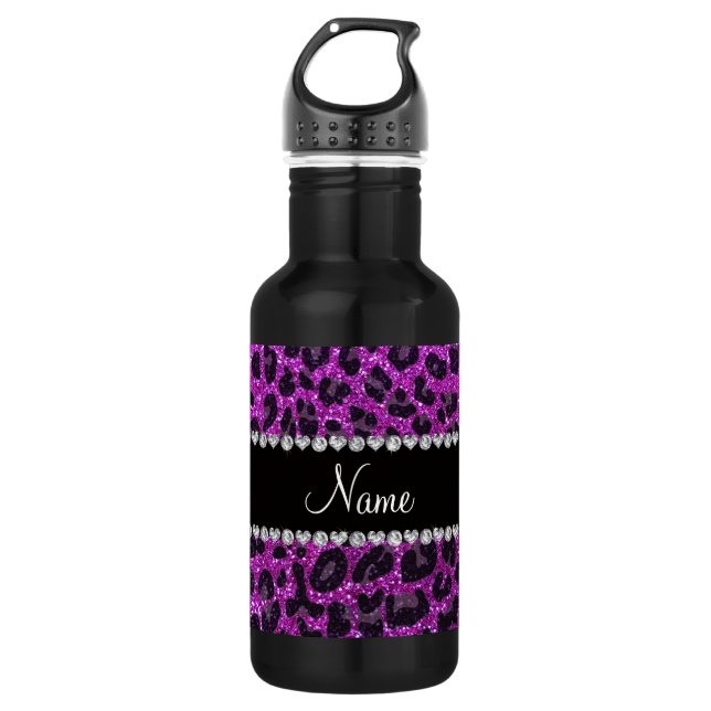 Individuelle Name Neon lila Glitzer Leopard Druck Edelstahlflasche (Vorderseite)