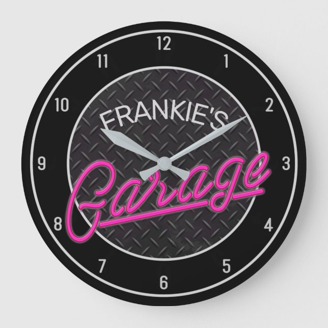 Individuelle Name Neon Look Diamant Garage Tools Große Wanduhr (Vorderseite)