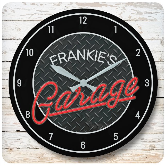 Individuelle Name Neon Look Diamant Garage Tools Große Wanduhr (Von Creator hochgeladen)