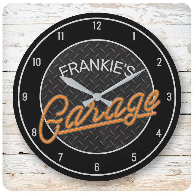 Individuelle Name Neon Look Diamant Garage Tools Große Wanduhr (Von Creator hochgeladen)