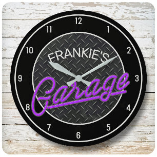 Individuelle Name Neon Look Diamant Garage Tools Große Wanduhr
