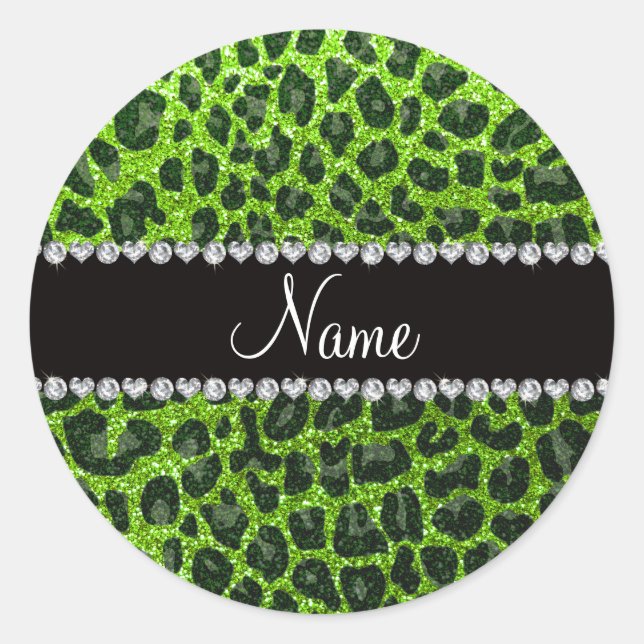Individuelle Name Neongrün Glitzer Leopard Druck Runder Aufkleber (Vorderseite)