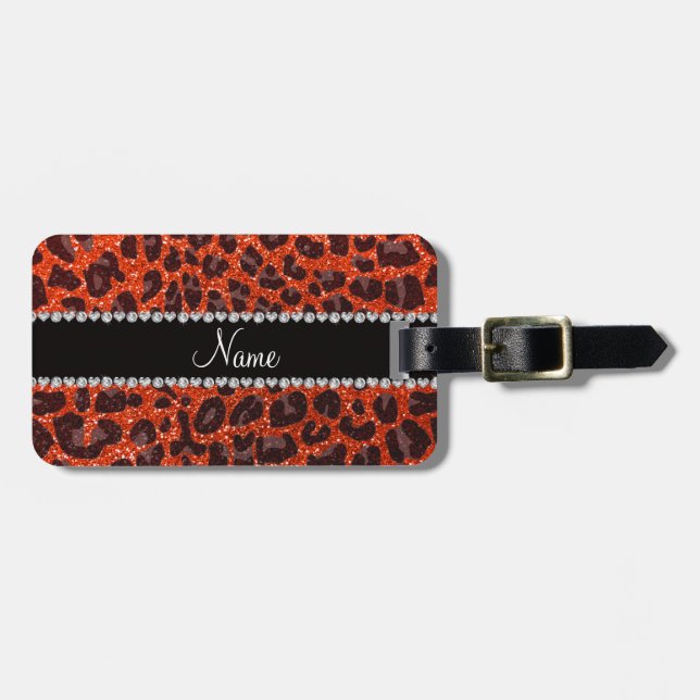 Individuelle Name Neonorange Glitzer Leopard Gepäckanhänger (Vorderseite horizontal)