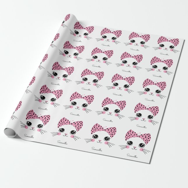 Individuelle Name Niedlich Katzengesicht Geschenkpapier (Ungerollt)