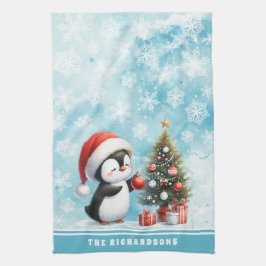 Individuelle Name Niedlich Penguin Snowy Blue Weih Geschirrtuch