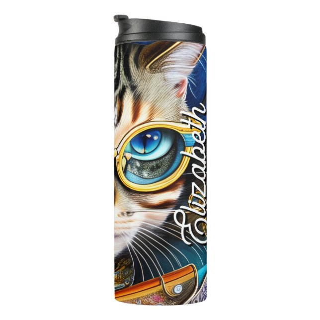 Individuelle Name Niedlich Retro Katzenbrille trag Thermosbecher (Nach rechts gedreht)