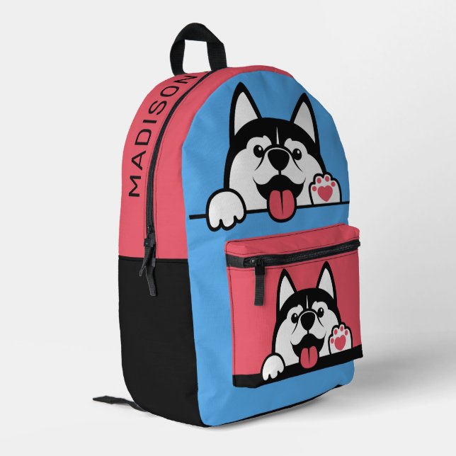 Individuelle Name Niedliche Huskies Bedruckter Rucksack (Rückseitige Ecke links)