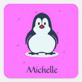 Individuelle Name niedlicher Pinguin auf rosa Quadratischer Aufkleber