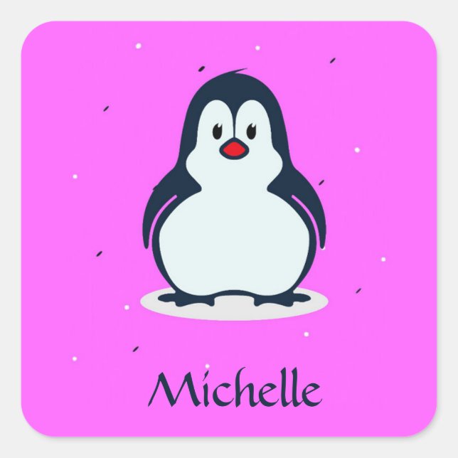 Individuelle Name niedlicher Pinguin auf rosa Quadratischer Aufkleber (Vorderseite)