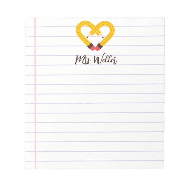 Individuelle Name Niedlicher Stift Herzlehrer Wert Notizblock (Vorderseite)