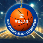 Individuelle Name Number Message Basketball Keramik Ornament<br><div class="desc">Personalisierter Name,  Nummer und Basketballgutschein. Sie können die Hintergrundfarbe an Ihr Lieblings-Team anpassen. Entwickelt von Thisisnotme©</div>