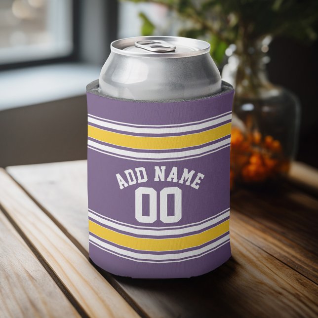 Individuelle Name-Nummer des lila Gelben Jersey St Dosenkühler (Personalized Can Cooler - add a name and custom text to this sports jersey design)