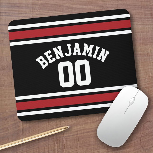 Individuelle Name Nummer Schwarz und Rot Mousepad (Personalized Mousepad - Sports Jersey Theme with custom name)