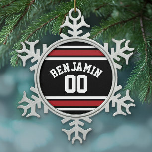 Individuelle Name Nummer Schwarz und Rot Schneeflocken Zinn-Ornament
