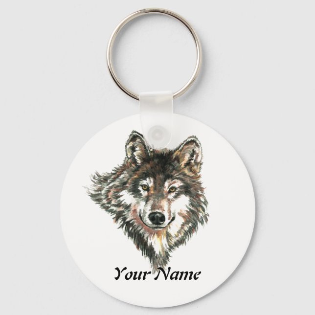 Individuelle Name oder Text-Wolf-Logo Wasserfarbe  Schlüsselanhänger (Vorderseite)