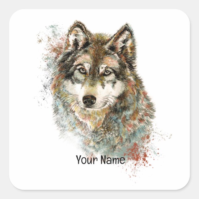 Individuelle Name oder Text Wolf Wasserfarbe Tier Quadratischer Aufkleber (Vorderseite)