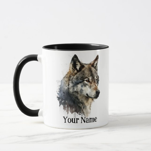 Individuelle Name oder Text Wolf Wasserfarbe Tier Tasse (Links)