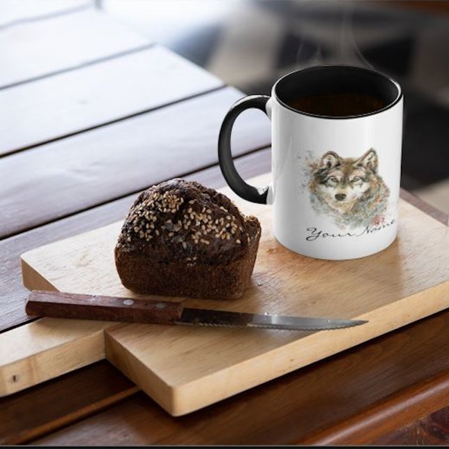 Individuelle Name oder Textwolf-Aquarell Tierische Tasse (Von Creator hochgeladen)