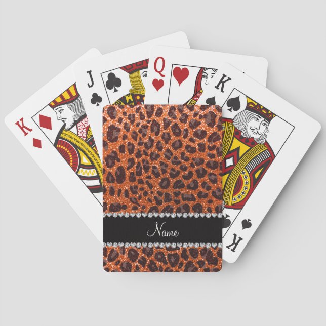 Individuelle Name Orangen-Glitzer-Leopard Spielkarten (Rückseite)