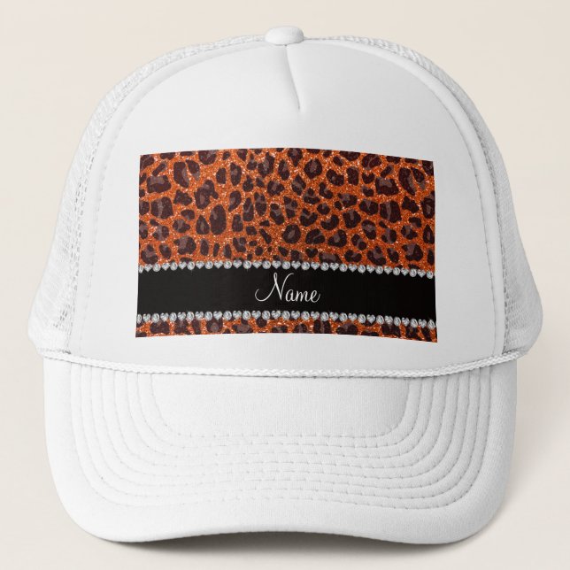 Individuelle Name Orangen-Glitzer-Leopard Truckerkappe (Vorderseite)