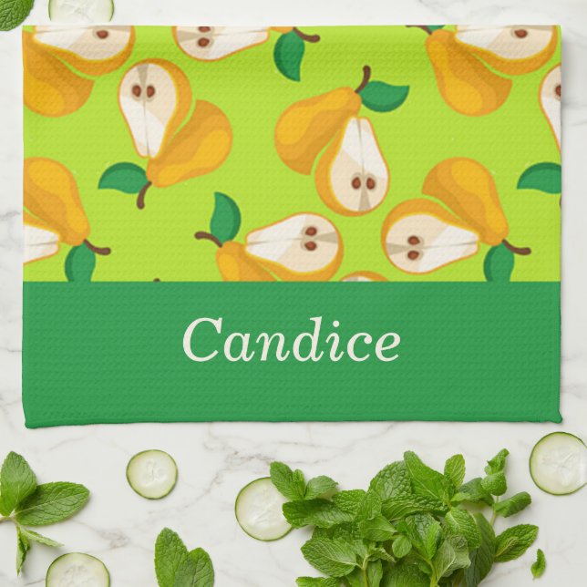Individuelle Name Orangenbirnen auf grün Geschirrtuch (Gefaltet)