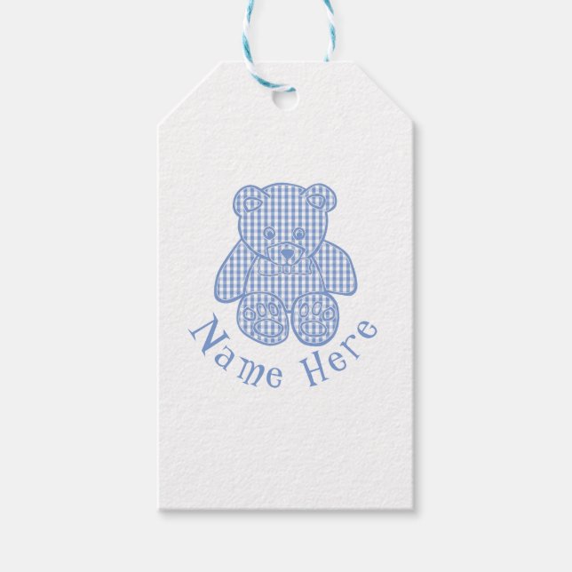 Individuelle Name Pale Blue Pastel Gingham Teddy B Geschenkanhänger (Vorderseite)