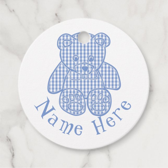 Individuelle Name Pale Blue Pastel Gingham Teddy B Geschenkanhänger (Vorderseite)