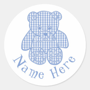 Individuelle Name Pale Blue Pastel Gingham Teddy B Runder Aufkleber