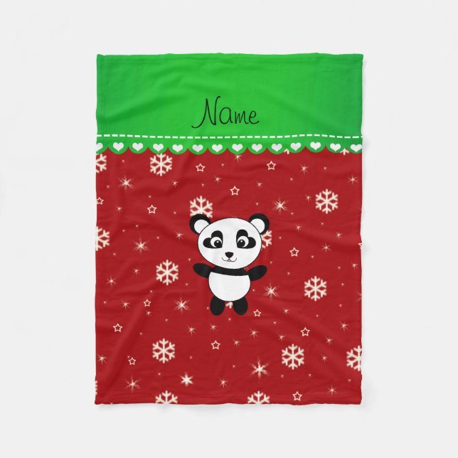Individuelle Name Panda Rote Schneeflocken Grünstr Fleecedecke (Vorderseite)