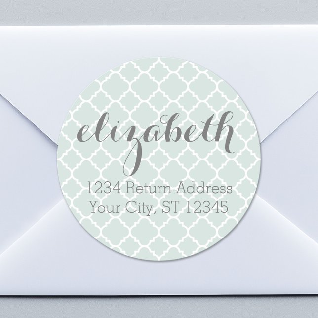 Individuelle Name Pastel Mint & Gray Quatrefoil Runder Aufkleber (Custom Return Address Sticker)
