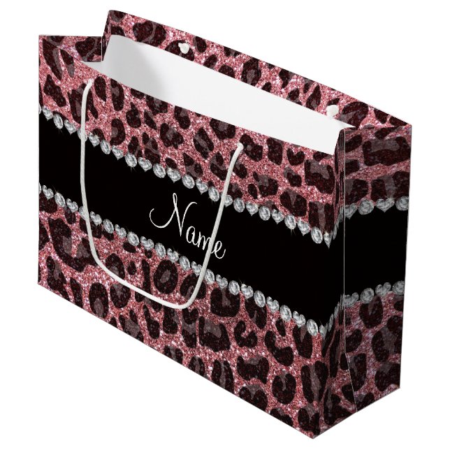 Individuelle Name Pastellrosa Glitzer Leopard Große Geschenktüte (Vorderseite Schrägansicht)