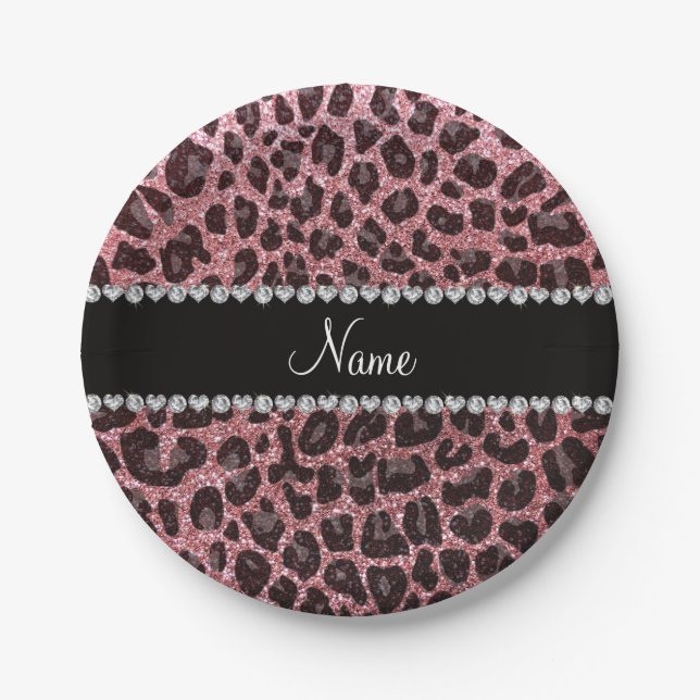 Individuelle Name Pastellrosa Glitzer Leopard Pappteller (Vorderseite)