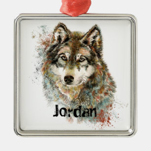 Individuelle Name Personalisiert Grauer Wolf Ornament Aus Metall