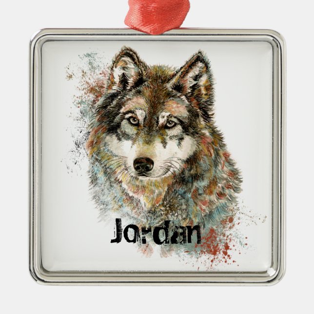 Individuelle Name Personalisiert Grauer Wolf Ornament Aus Metall (Vorne)