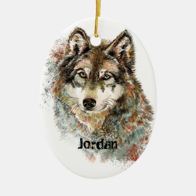 Individuelle Name Personalisiert Gray Wolf Keramik Ornament (Vorne)