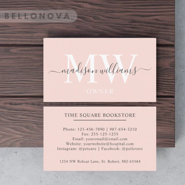 Individuelle Name Pfirsichpfirsichrosa Schwarze Mo Visitenkarte (Custom Name Pale Peach Pink White Black Monogram Business Card)