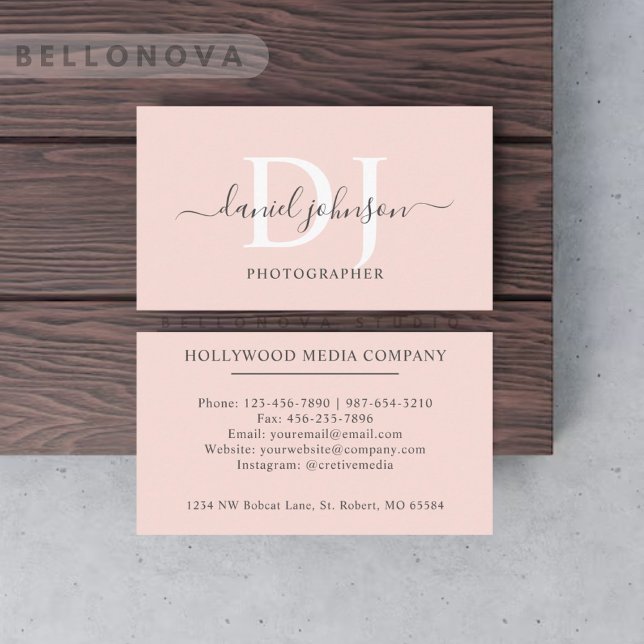 Individuelle Name Pfirsichpfirsichrosa Schwarze Mo Visitenkarte (Custom Name Pale Peach Pink White Black Monogram Business Card)