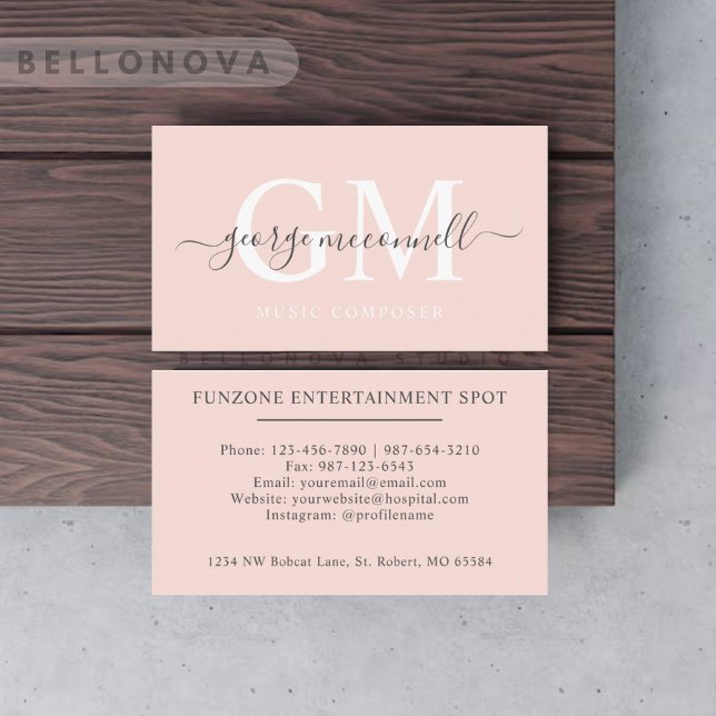 Individuelle Name Pfirsichpfirsichrosa Schwarze Mo Visitenkarte (Custom Name Pale Peach Pink White Black Monogram Business Card)