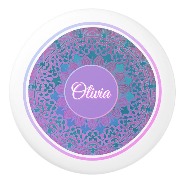 Individuelle Name Pink Blue Lila Aquamarin Mandala Keramikknauf (Vorderseite)