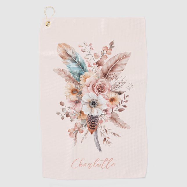 Individuelle Name Pink Boho Blume & Feathers Elega Golfhandtuch (Vorderseite)
