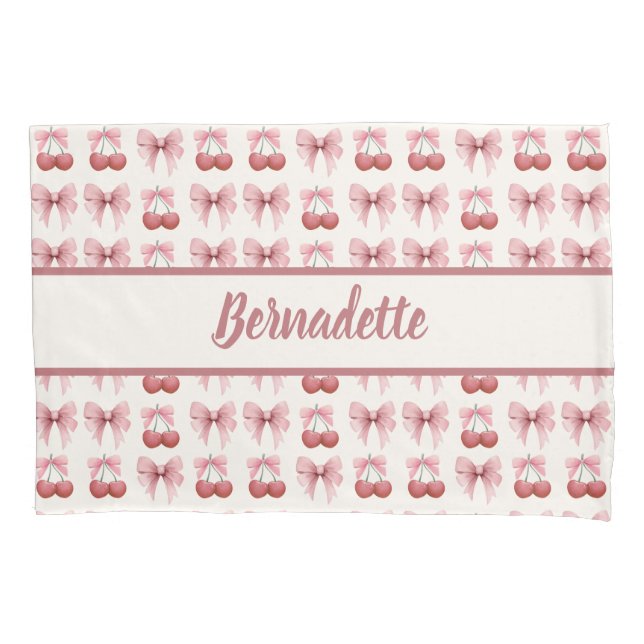 Individuelle Name Pink Bows and Cherries Girly Coq Kissenbezug (Vorderseite-Links)