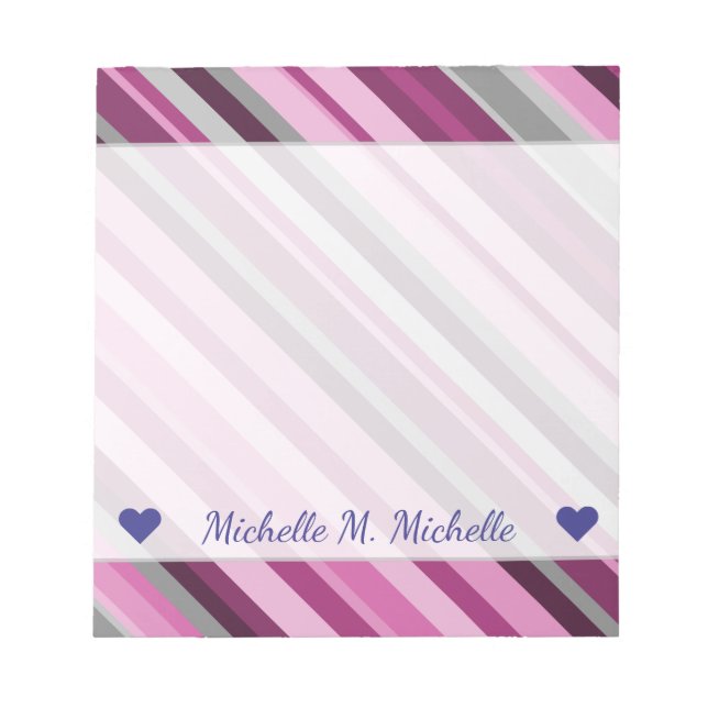 Individuelle Name + Pink/Lila/Grau Stripes Notepad Notizblock (Vorderseite)