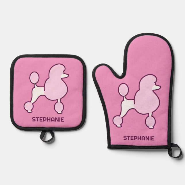 Individuelle Name Pink Poodles Ofenhandschuh & Topflappen-Set (Vorderseite)