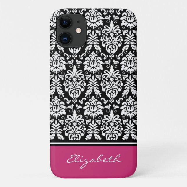 Individuelle Name Pink Schwarz-weiß Damask Case-Mate iPhone Hülle (Rückseite)