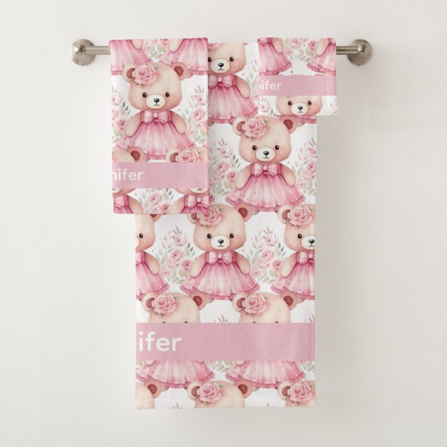 Individuelle Name Pink Teddy Bear Girl's Bath Hand Badhandtuch Set (Insitu)
